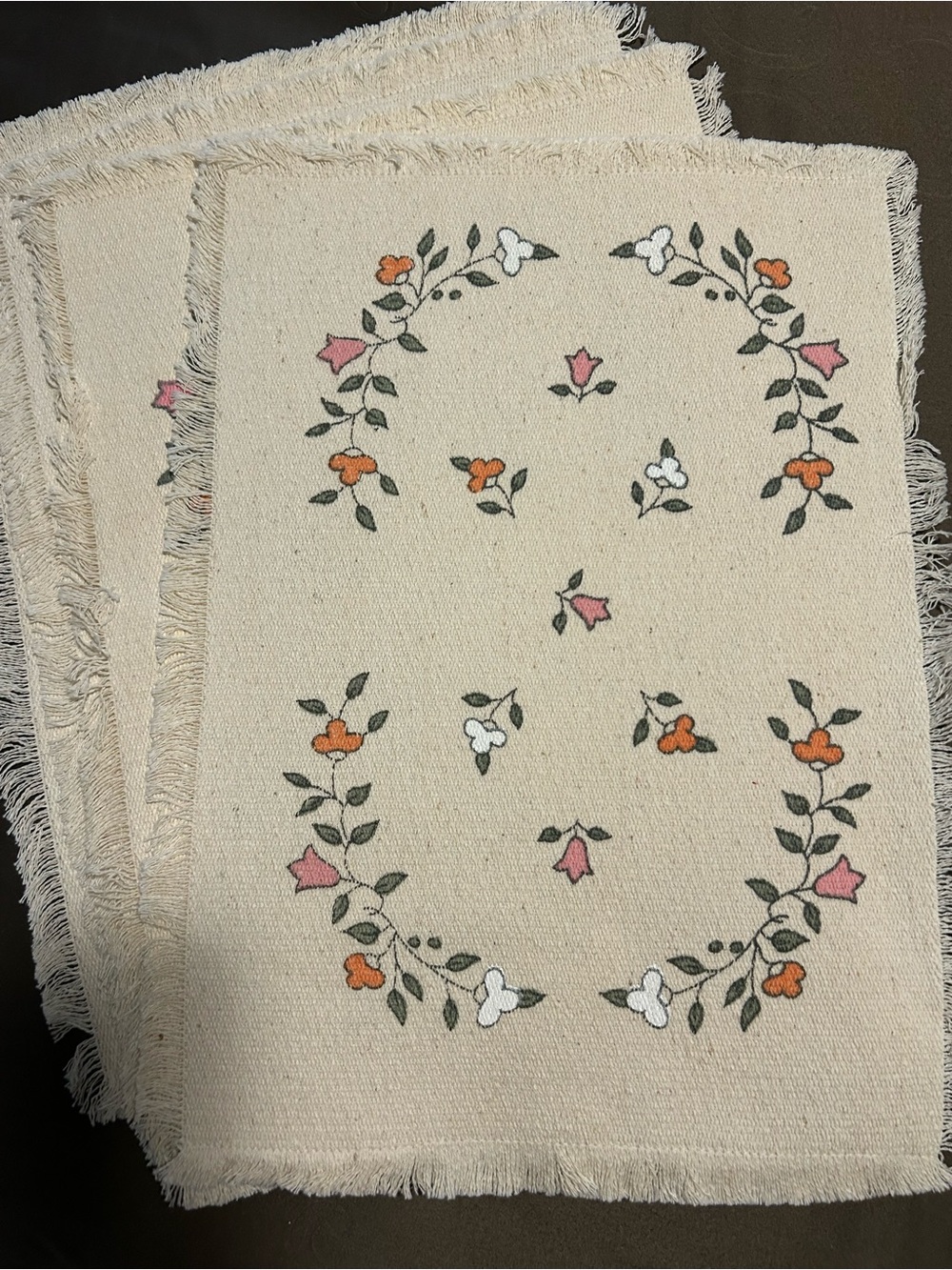 Embroidered Floral Fringe Placemats (4)- Cream with Pink & Orange Flowers
